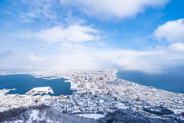 Beautiful landscape and cityscape from Mountain Hakodate for look around city skyline