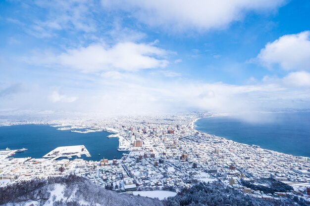 街のスカイラインを見渡す函館山の美しい風景と街並み