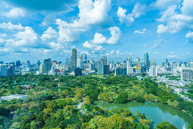 Beautiful landscape of cityscape with city building around lumpini park in bangkok Thailand