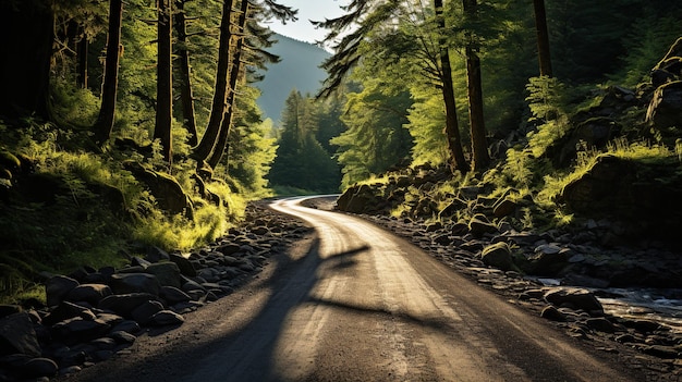 Foto gratuita bellissima immagine paesaggistica di una strada forestale in montagna al tramonto