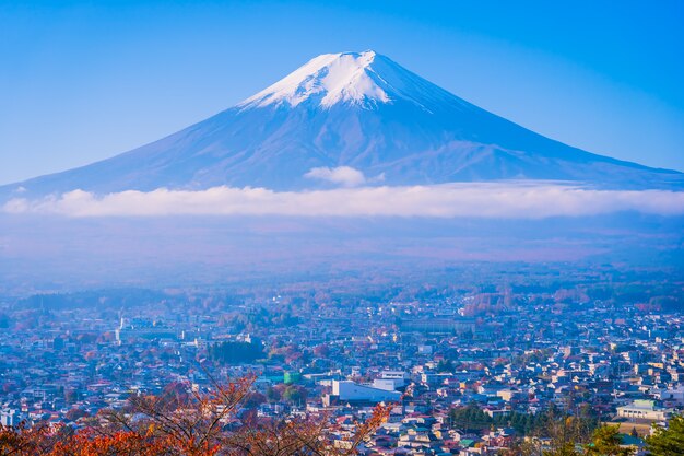 秋のカエデの葉の木の周りの山富士の美しい風景