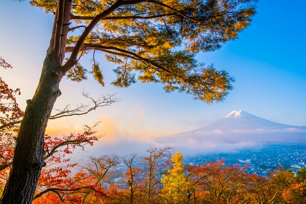 秋のカエデの葉の木の周りのchureito塔と山の富士の美しい風景