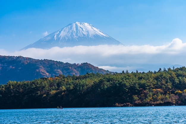 湖の周りのカエデの葉の木と山富士の美しい風景