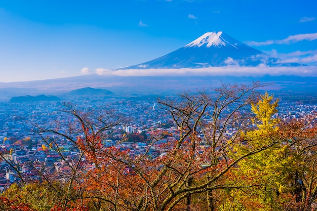 無料写真 秋のカエデの葉の木の周りの山富士の美しい風景