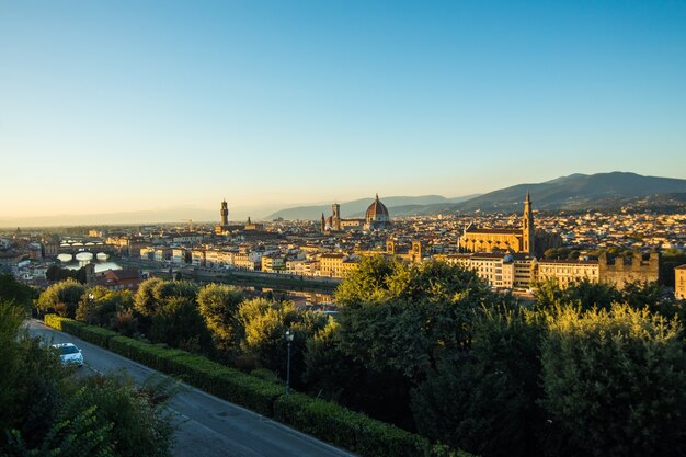 Beautiful landscape above, panorama on historical view of the Florence from Piazzale Michelangelo point. Morning time.