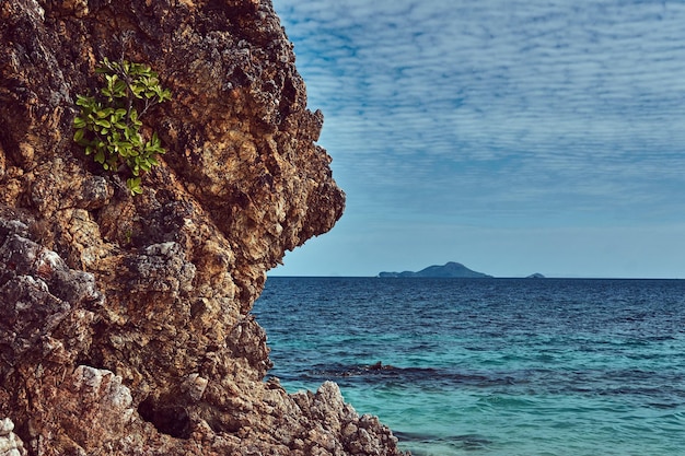 太平洋のフィリピン諸島の海岸にある美しい風景の岩だらけの鍾乳石礁。