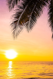 Beautiful landscape of sea ocean with silhouette coconut palm tree at sunset or sunrise