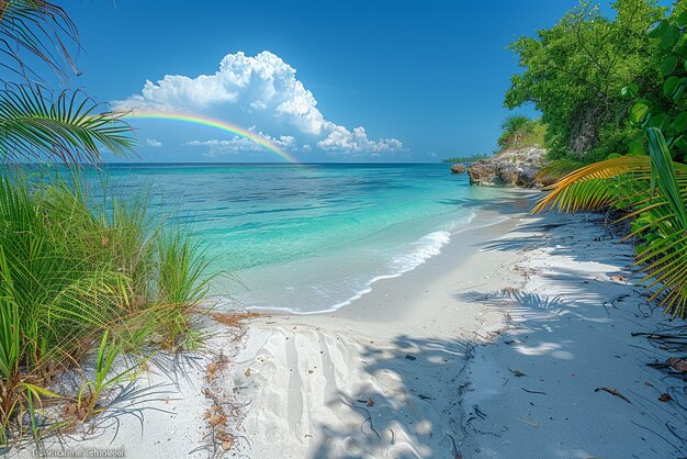 Foto gratuita bel paesaggio con l'arcobaleno su una spiaggia