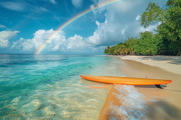 Free photo beautiful landscape with rainbow on a beach