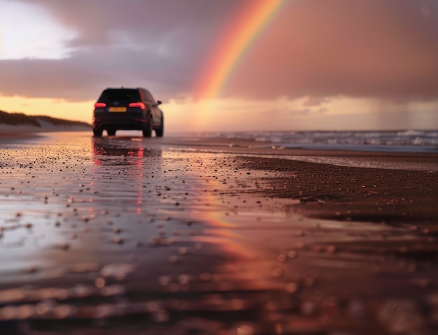 Foto gratuita bel paesaggio con l'arcobaleno su una spiaggia