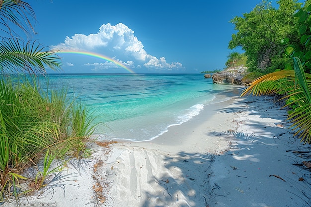 Бесплатное фото Красивый пейзаж с радугой на пляже