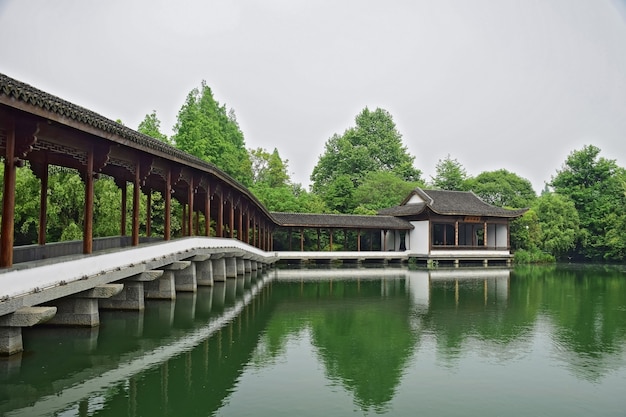 Beautiful landscape with trees and a stone bridge