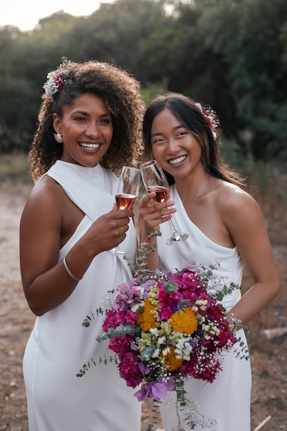 Beautiful lesbian couple celebrating their wedding day outdoors