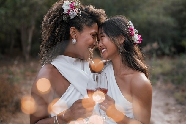 Beautiful lesbian couple celebrating their wedding day outdoors