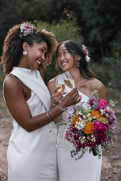 Beautiful lesbian couple celebrating their wedding day outdoors