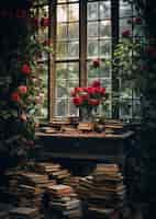 Free photo beautiful library  with roses