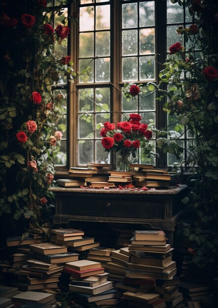 Beautiful library  with roses