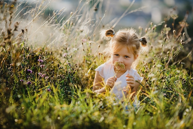 Красивая маленькая девочка в белой рубашке и джинсах сидит на лужайке с большим пейзажем