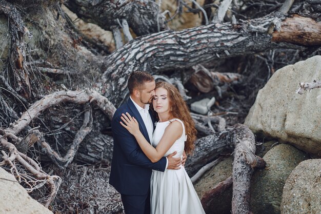 красивая длинношерстная невеста в белом платье с мужем возле серых ветвей