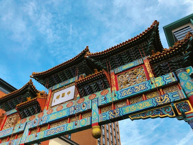 Beautiful low angle shot of teal and red temple gate in Gallery Place Chinatown