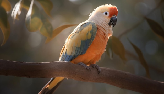 Free photo a beautiful macaw perching on a branch in the rainforest generated by artificial intelligence