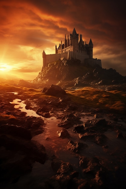 Бесплатное фото Красивый величественный замок с низким углом