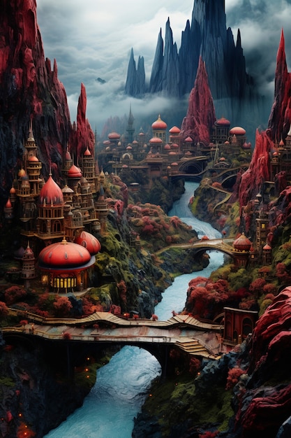 Free photo beautiful medieval fantasy landscape with city