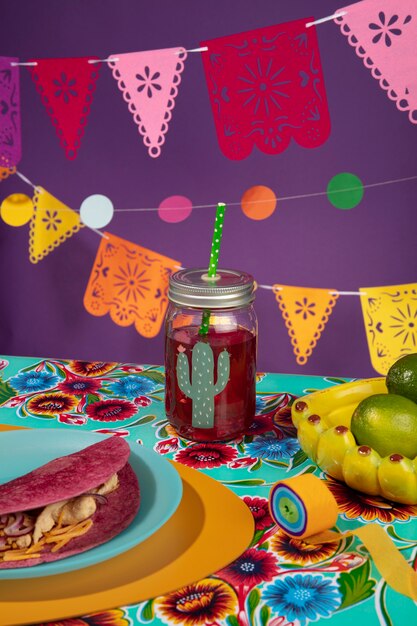 Beautiful mexican party decoration with food