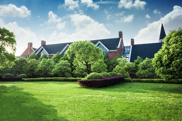 Free photo beautiful modern house in cement, view from the garden.