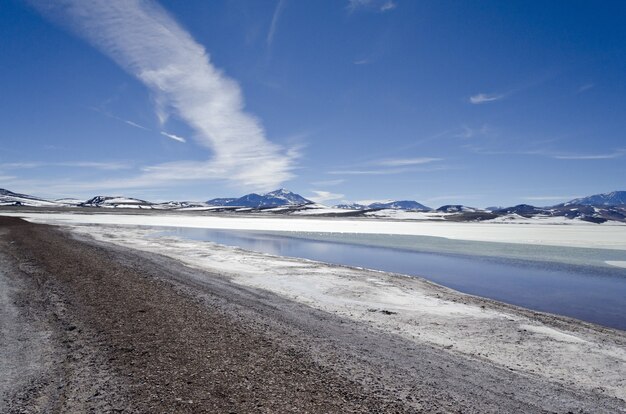 Beautiful mountainous landscape partially covered with snow under a bright sky in Argentina