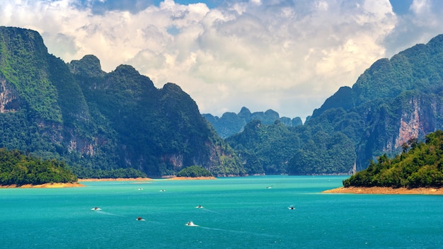 Beautiful mountains in Ratchaprapha Dam at Khao Sok National Park, Surat Thani Province, Thailand.