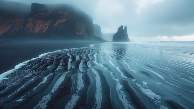 Бесплатное фото Красивый природный пейзаж с черным песчаным пляжем и океаном