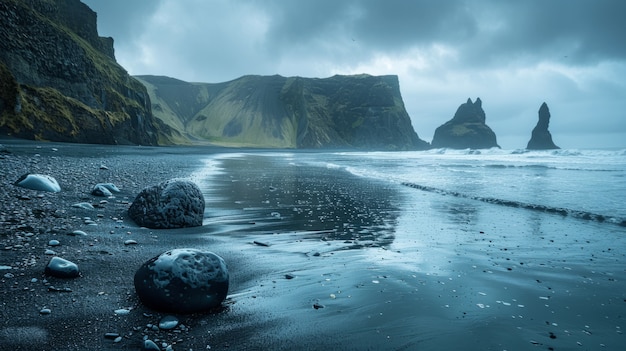 Free photo beautiful nature landscape with black sandy beach and ocean