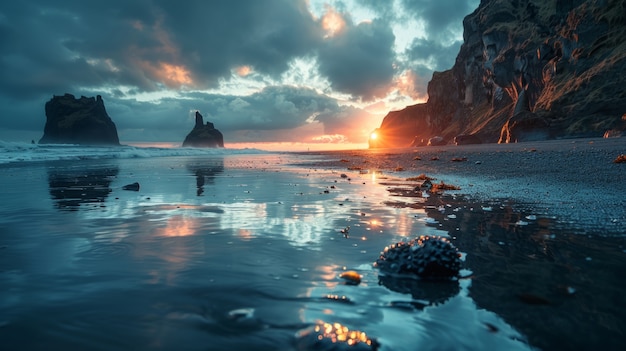 Free photo beautiful nature landscape with black sandy beach and ocean