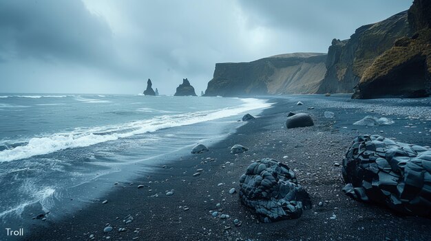 Beautiful nature landscape with black sandy beach and ocean