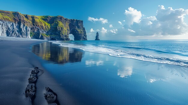 Bellissimo paesaggio naturale con spiaggia di sabbia nera e oceano