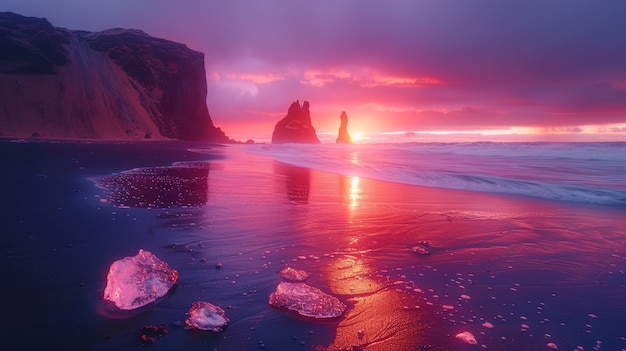 Foto gratuita bellissimo paesaggio naturale con spiaggia di sabbia nera e oceano