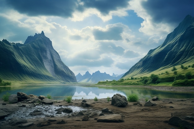 Beautiful nature landscape with mountains and lake