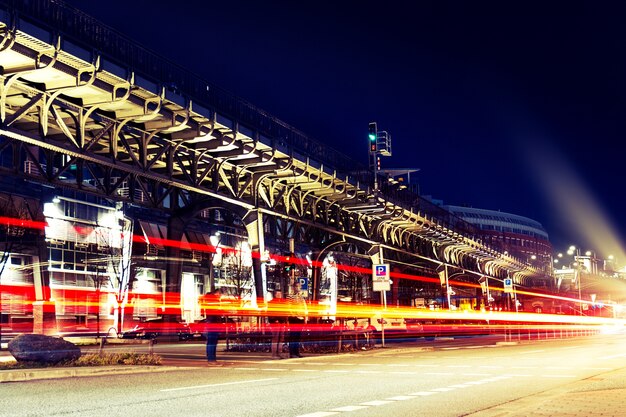 Beautiful night city lights. Abstract. Urban concept. Hamburg, Germany.