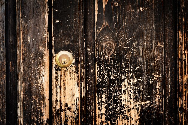 Beautiful Old Antique Dark Wooden Texture Surface Background Backdrop. Old Door with Door Lock. Copy Space.