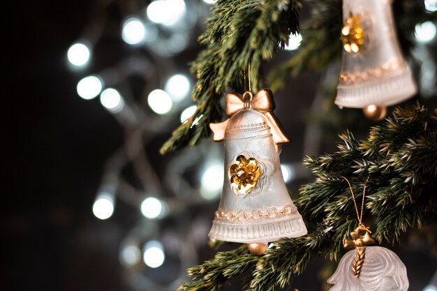 Beautiful ornaments in christmas tree close-up