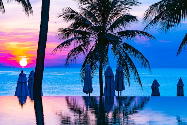 無料写真 海と夕日や日没時のスイミングプールの周りのココヤシの木と美しい屋外の自然風景