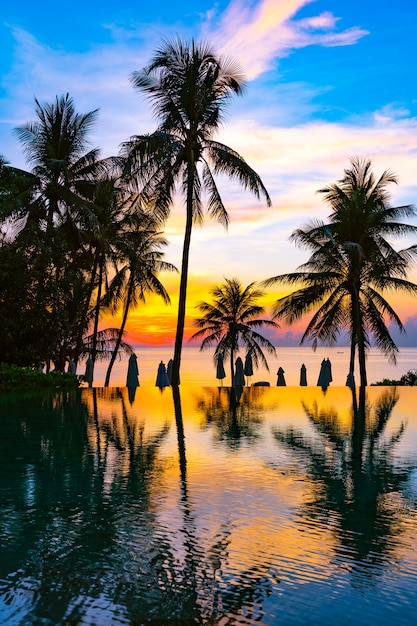 Красивый открытый природный ландшафт с морским океаном и кокосовой пальмой вокруг бассейна на закате или закате