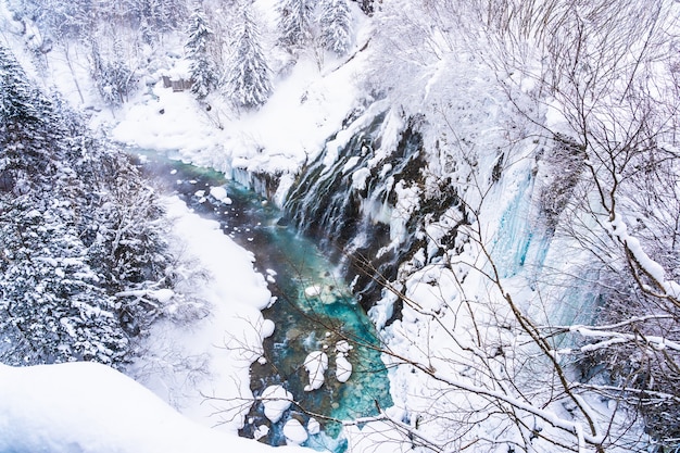 Beautiful outdoor nature landscape with shirahige waterfall and bridge in snow winter season