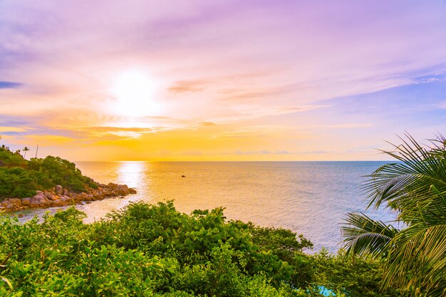 Красивый открытый тропический пляж моря вокруг острова Самуи с кокосовой пальмой и другими во время заката
