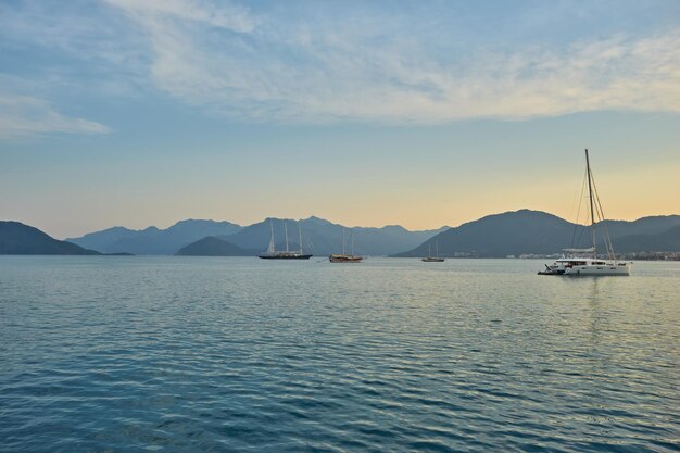 Beautiful Panoramic Aerial view at of boats yacht sailboat and bay in Marmaris Turkey