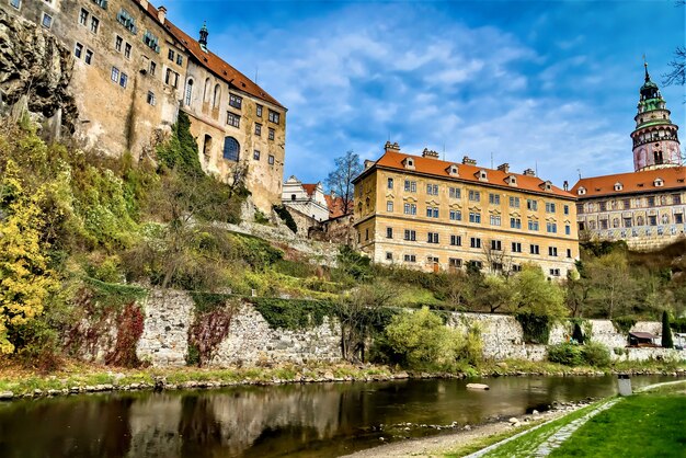 Beautiful panoramic shot of the Cesky Krumlov Castle beside the Vltava river in Czech Republic