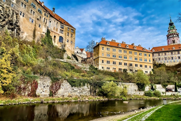 チェコ共和国のヴルタヴァ川のほとりにあるチェスキークルムロフ城の美しいパノラマ写真