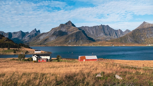 Beautiful panoramic view of a lake from the field in the countryside with a view of mountains