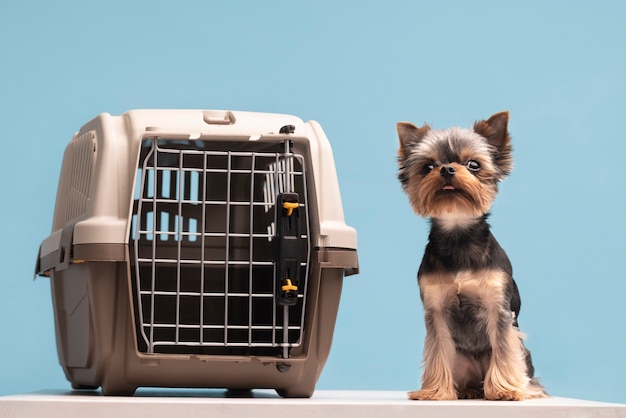 Free photo beautiful pet portrait of small dog with cage